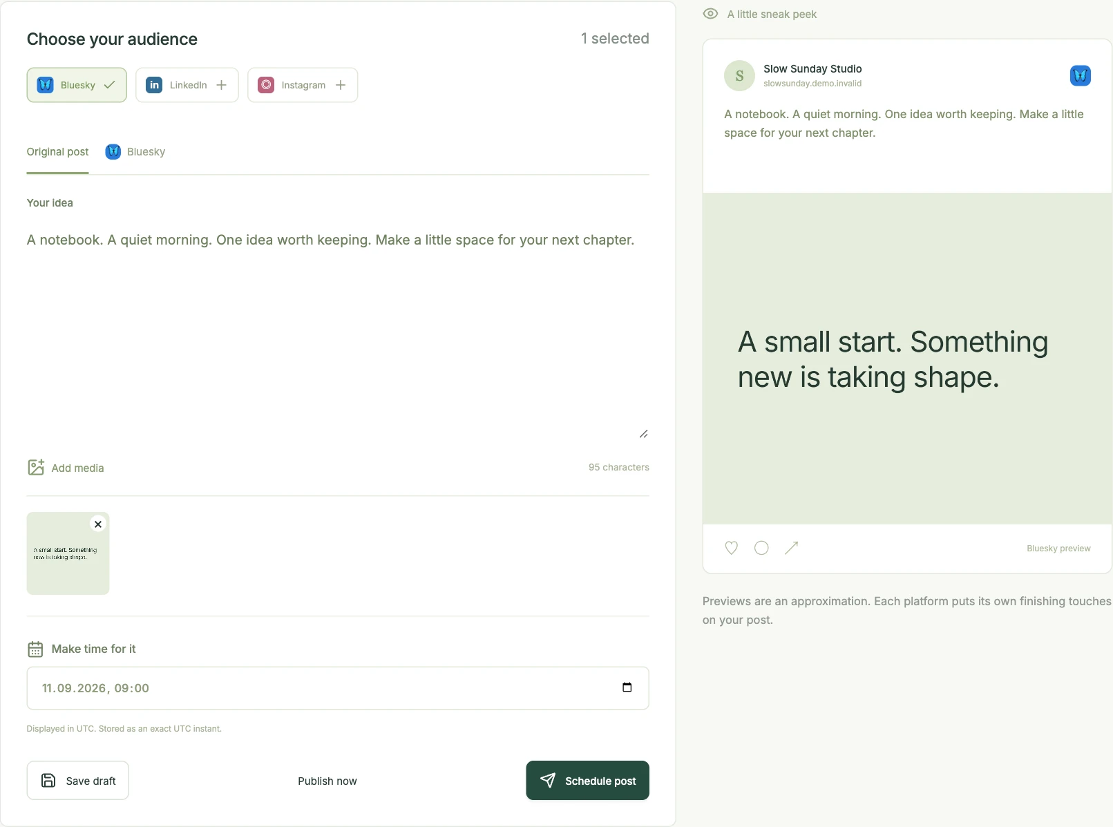 Actual beta Composer showing a synthetic post with media and a platform preview.